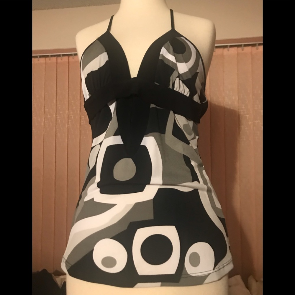 Forever M contemporary geometric halter tie back top with keyhole opening